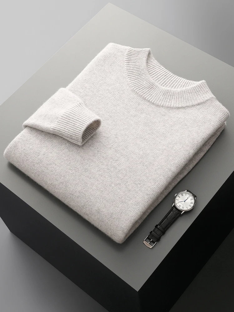 Autumn Winter Men's 100% Merino Wool Knitted Mock Neck Sweater Pullover Simplicity Solid Cashmere Casual Thick Male Clothing Top
