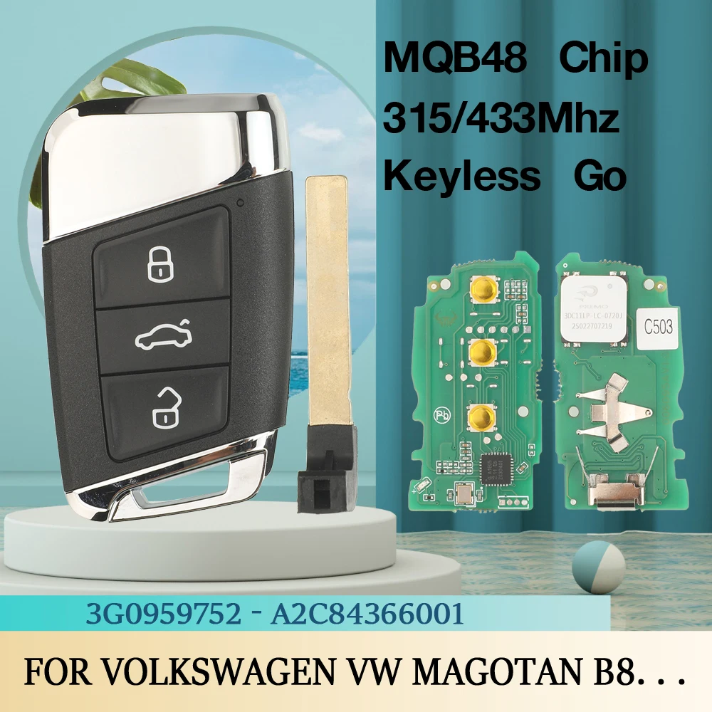 jingyuqin MQB48 315/434MHz Smart Remote Car Key FOB For VW Magotan B8 Superb A7 Passat Variant 2015-2019 MEGAMOS 88 AES