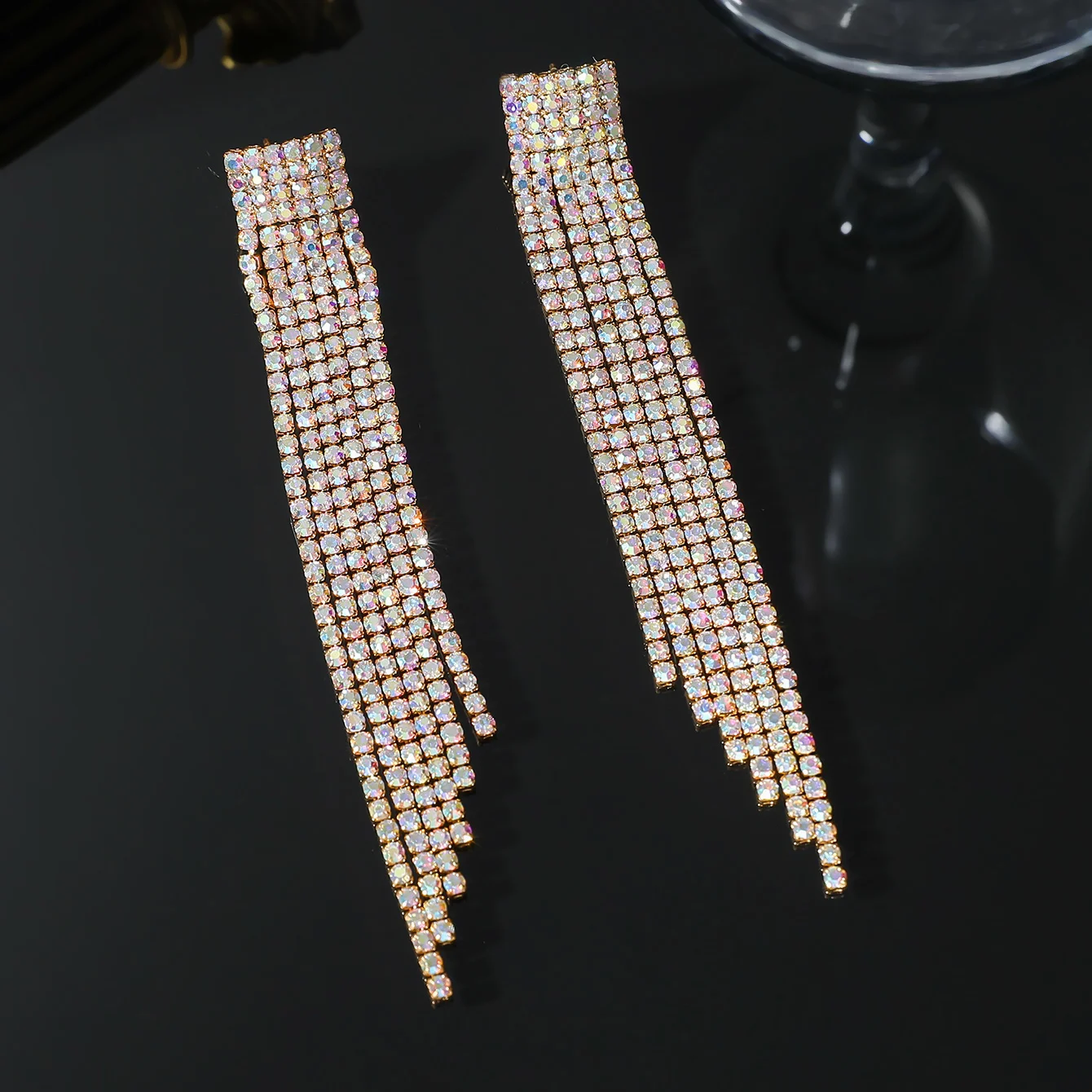 New Sparkly Rhinestone Crystal Tassel Long Dangle Dance Competion Earrings for Party Prom Fashion Jewelry Gifts