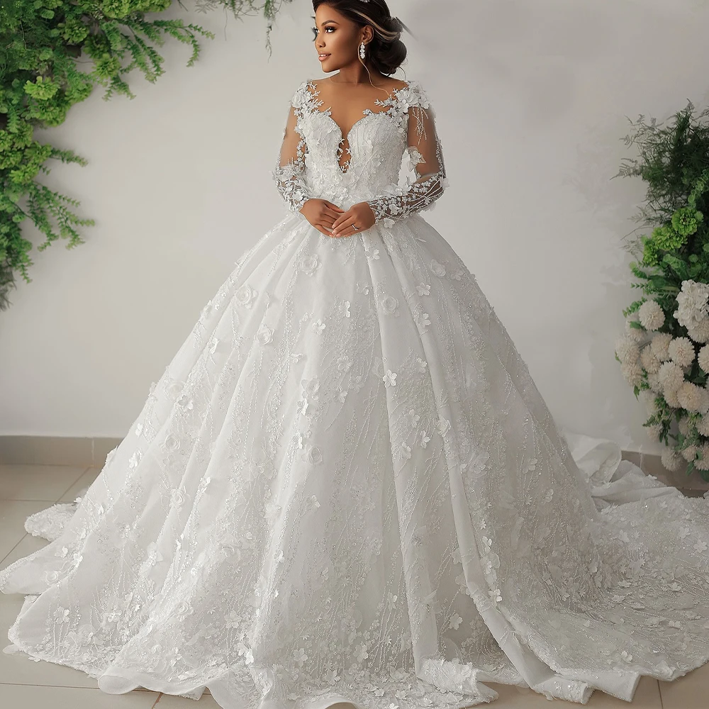 

Lace Ball Gown Wedding Dresses for Bride Sheer Neck Long Sleeve Garden Outdoor Africa Bridal Gowns robes de mariee Customzied