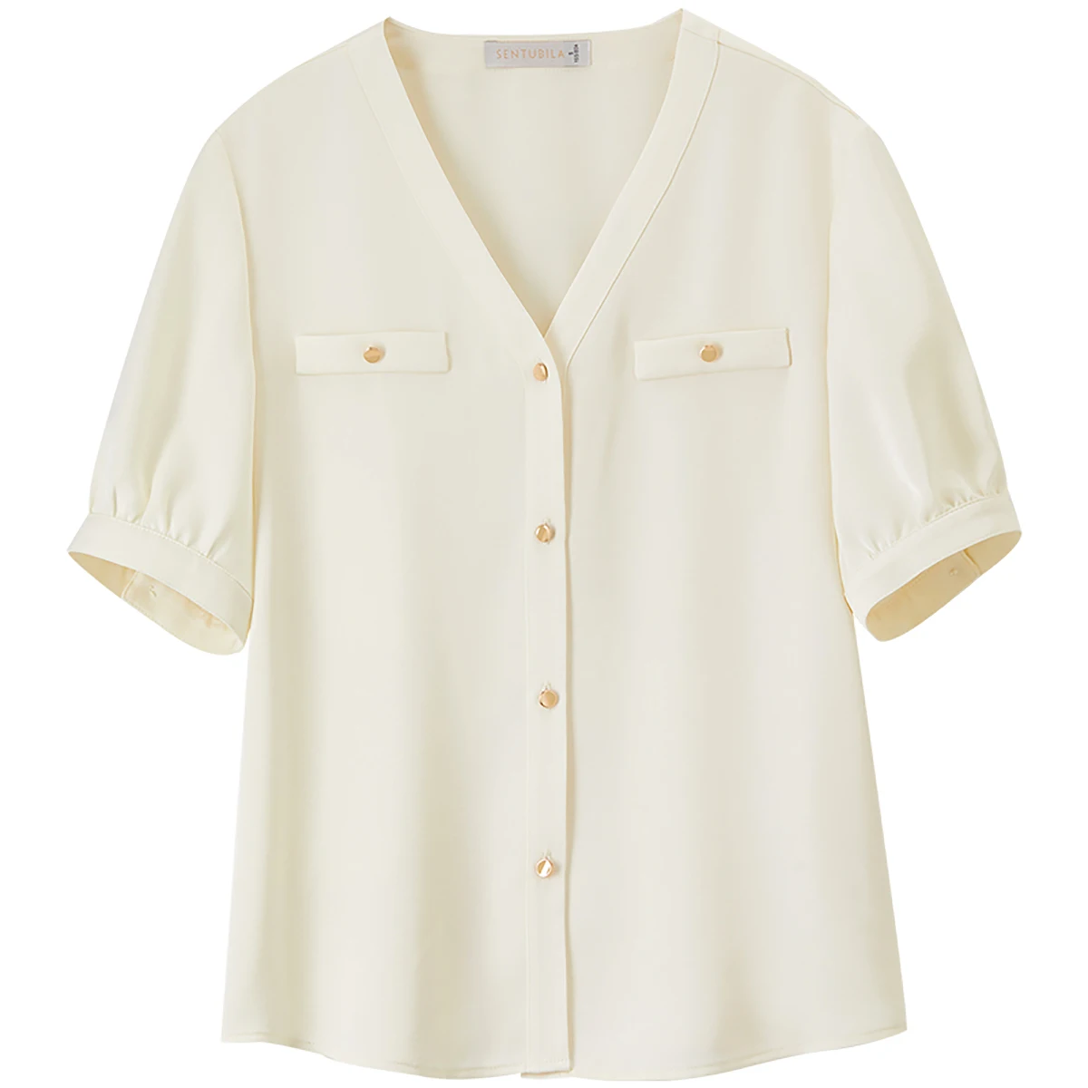 SENTUBILA Soft Chiffon Blouse for Woman 2025 Summer V Neck Puff Sleeve Chic Single Breasted Shirt Lady Women Clothes 152V80007