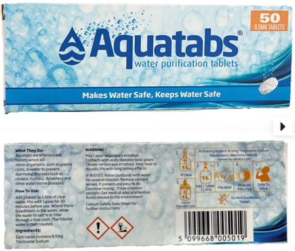 Water purification tablets - travel - mountain sports - outdoor - emergencies - survival - aquatabs