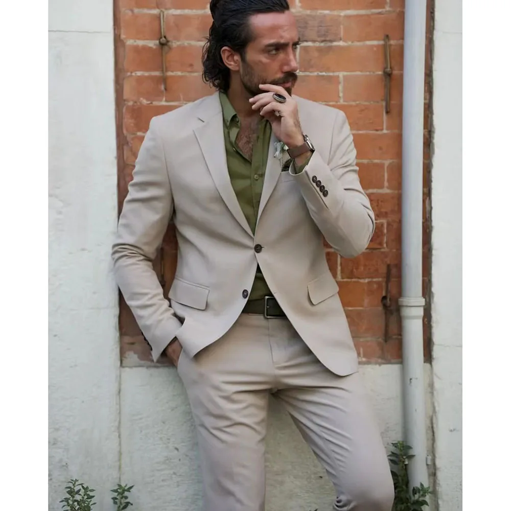

2023 New Fashion Men Wedding Light Khaki Notched Lapel Suits Business Casual Formal Costume Homme Slim Fit 2Pcs Set Jacket Pants