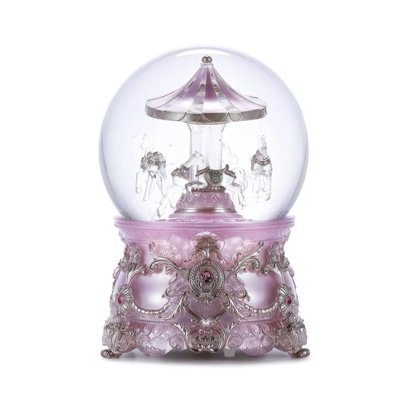Dawn pink light rotating crystal ball with light, music box, clockwork music box, ornament