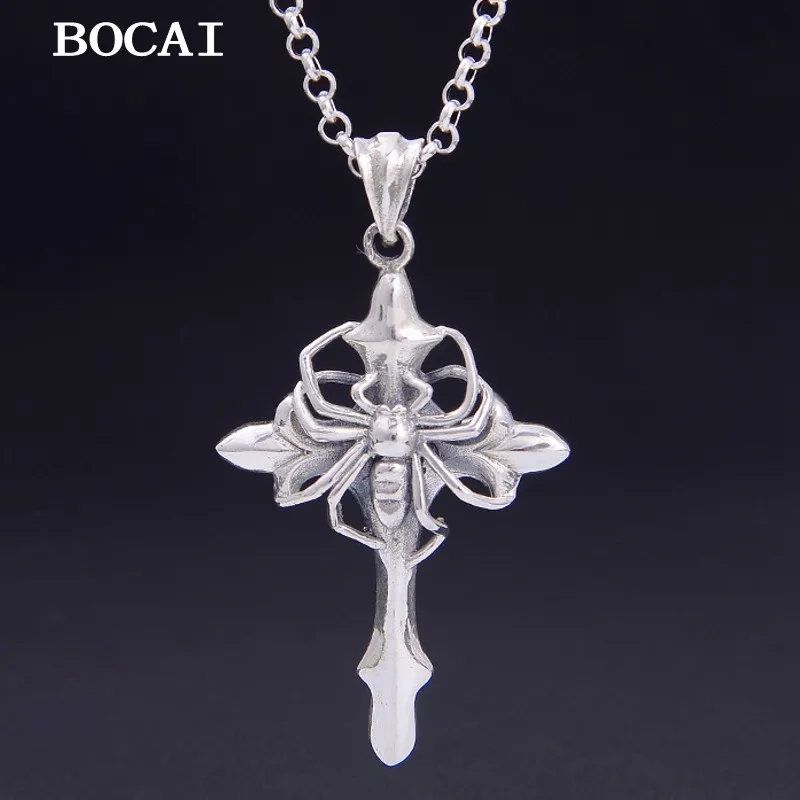 BOCAI New S925 Sterling Silver Vintage Trendy Versatile Spider Cross Pendant Men's Gift