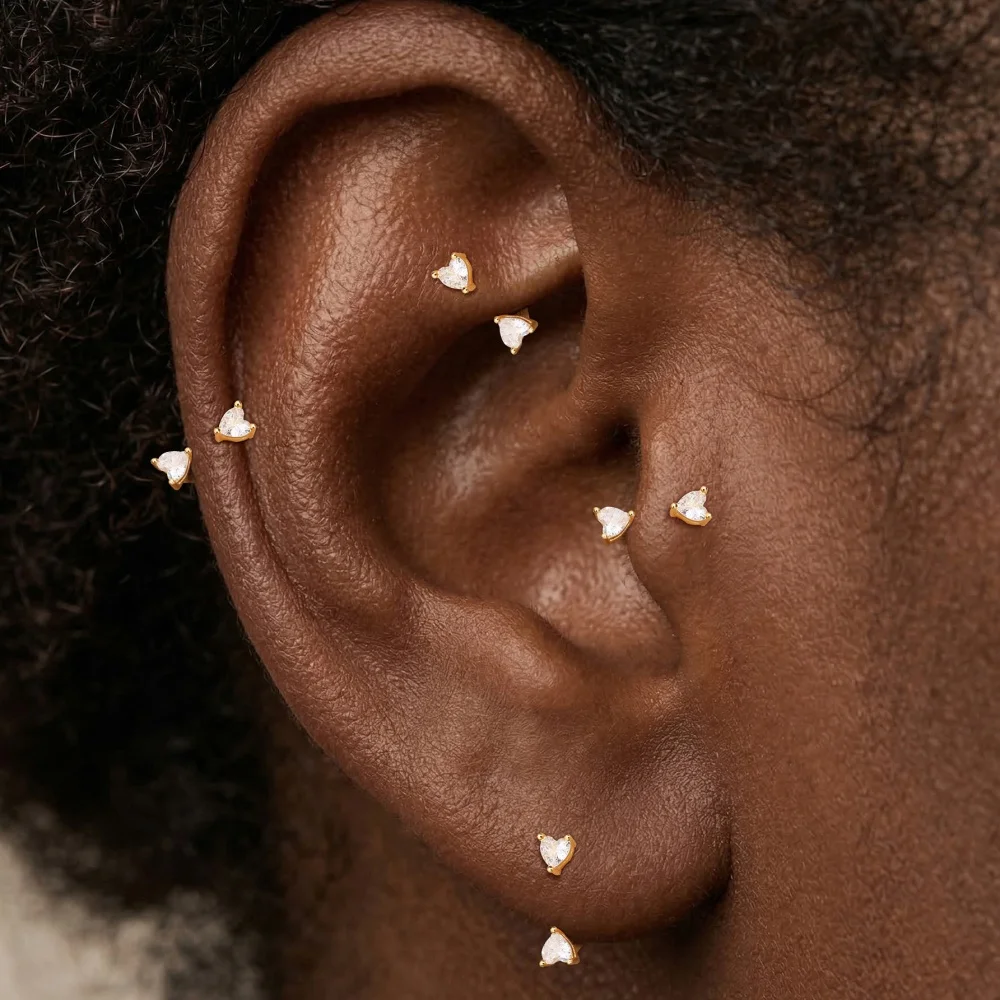 ROXI 1PC S925 Silver Mini Multi CZ Cartilage Stud Heart Star Square Tragus Piercing Simple Earring Daily Occasion Wear