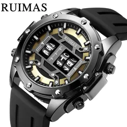 RUIMAS 553 Men Watch Fashion Sports Cool Creative Roller Clock Black  Gold Silicone Strap Casual Quartz Wristwatch for Male