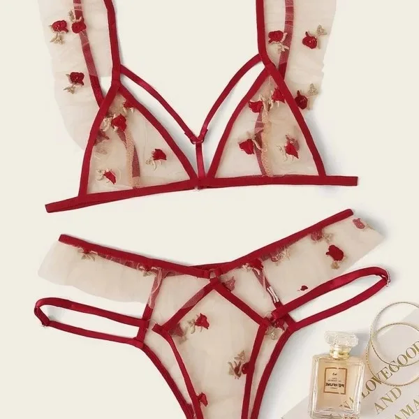 

Sexy Lingerie Wine Red Transparent Lace Printed Front Buckle Breathable Summer Three - piece Piece Style Women's Lingerie Erotic