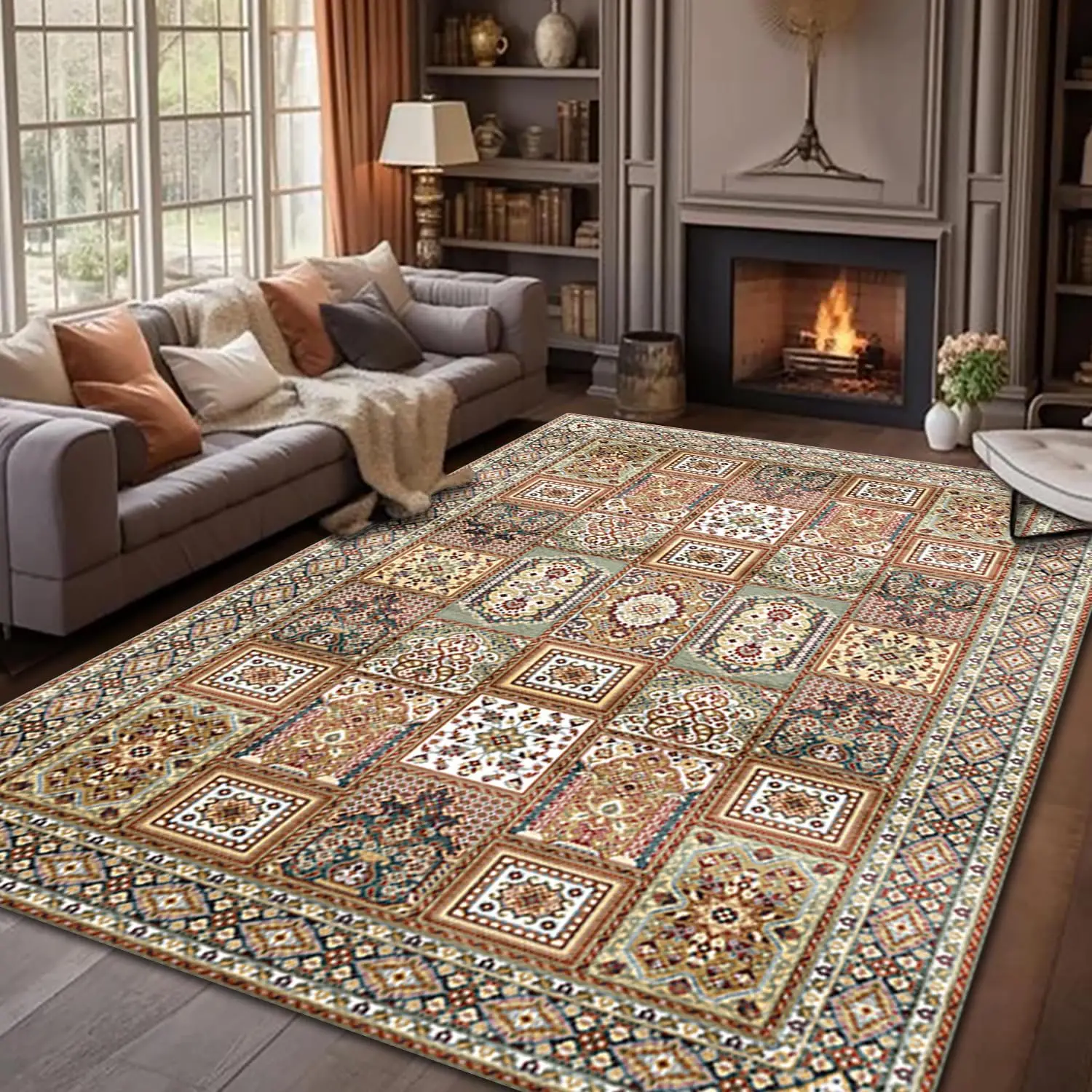 Boho Area Rugs for Living Room, Washable Persian Rug, Non-Slip Vintage Carpet for Bedroom, Indoor Floor Mat Modern Soft Abstract