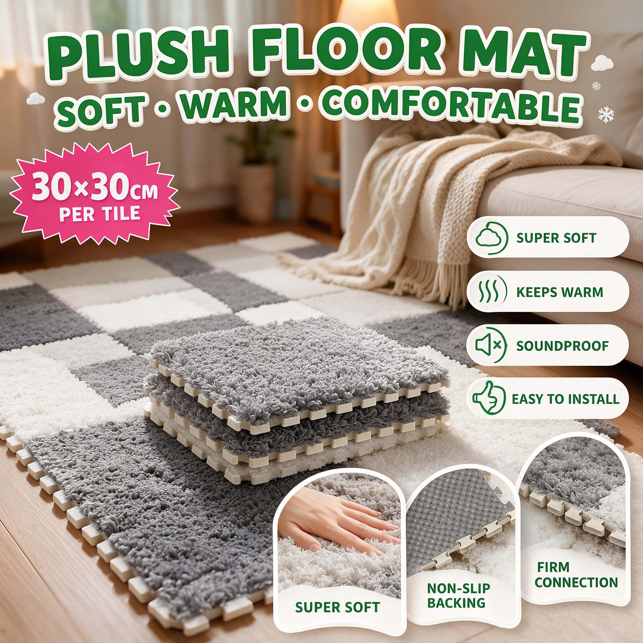 Thick Plush Interlocking Puzzle Mat Bedroom Carpet Soft Floor Tiles Soundproof Rug Padding for Home Use Kit