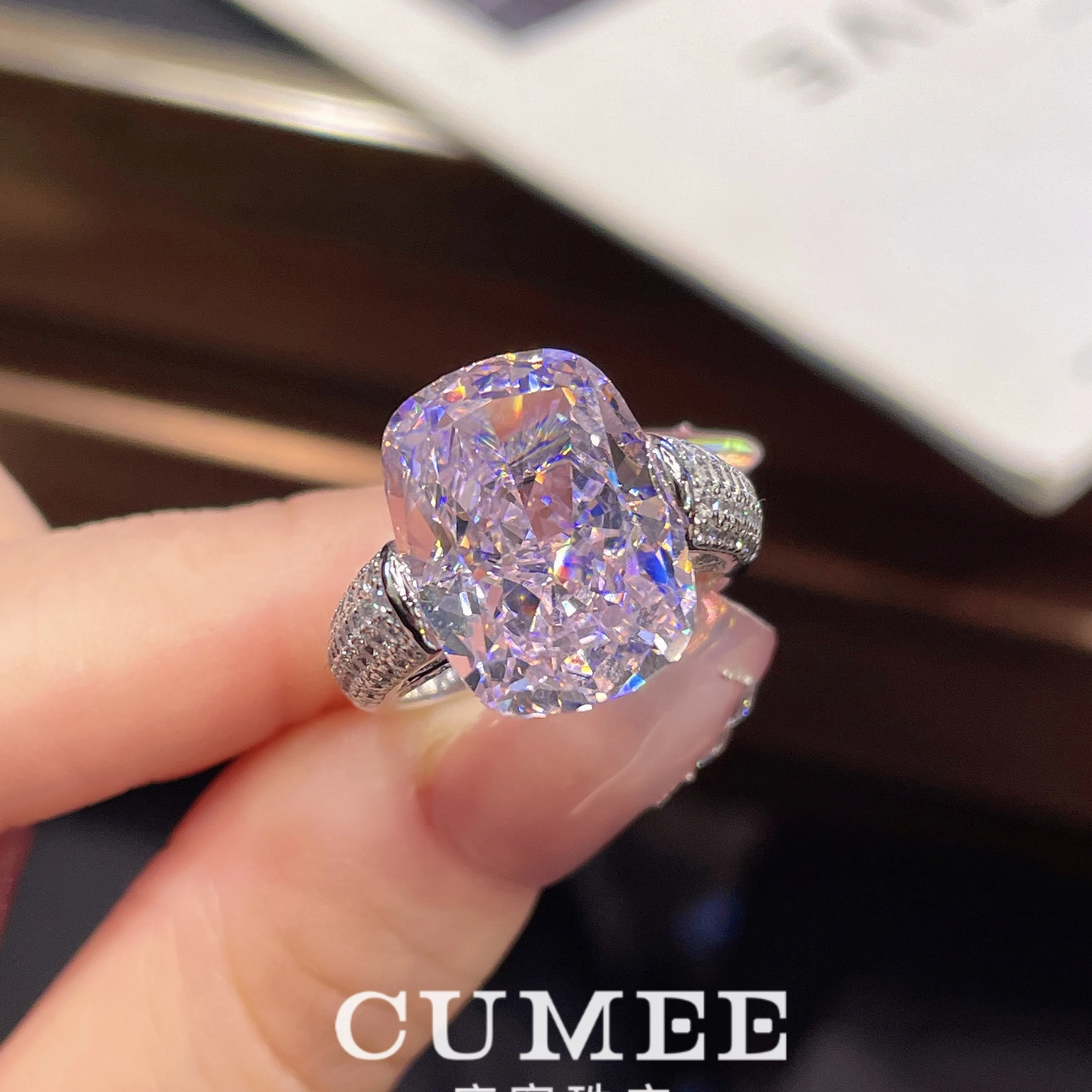 Cumee Artificial Gemstone Sakula Pink Diamond Ring Large Carat 14 Card Silver Gold Plating