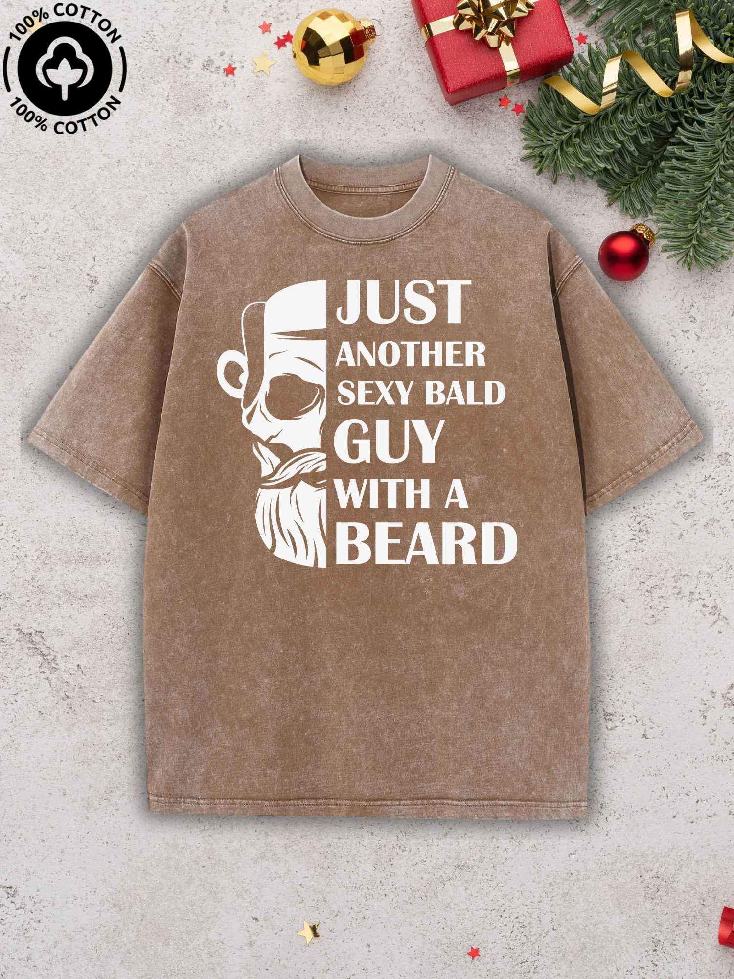 

Sexy Bald Guy With A Beard Men's Graphic Tee, Pure Cotton Vintage Camel T-Shirt, Retro Street Drop Shoulder Tee