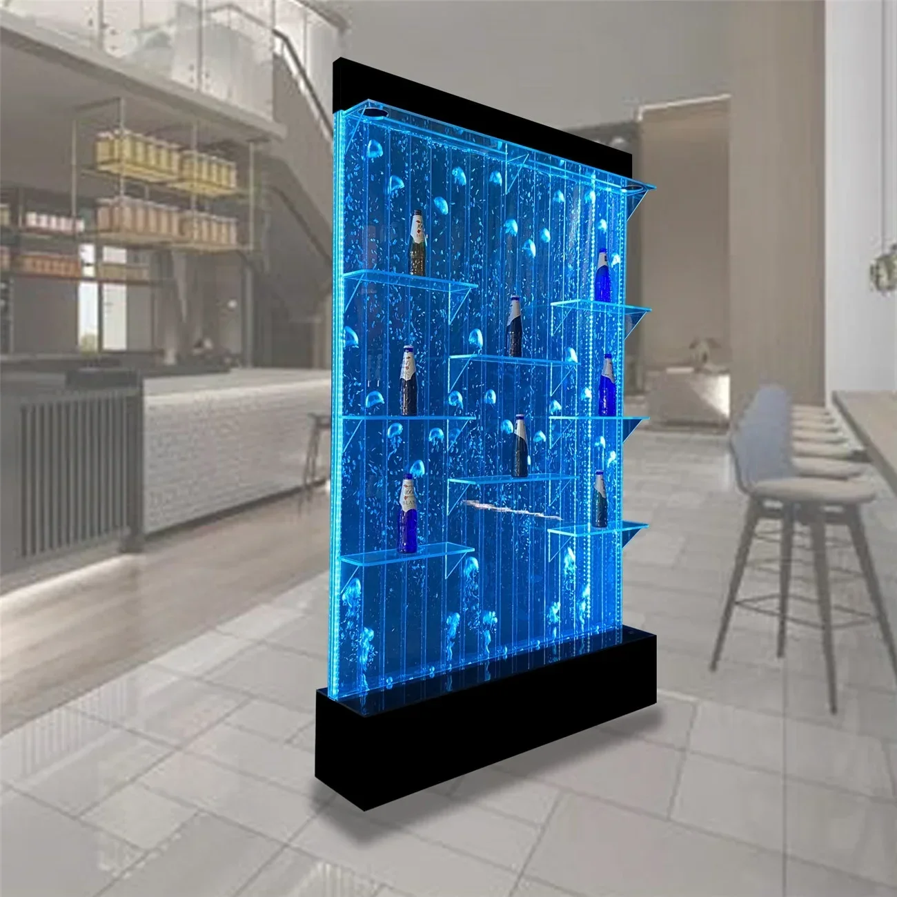 

Custom Made Bar Aquarium Design LED Acrylic Bubble Water Wall Cabinet Wine Shelves And Display