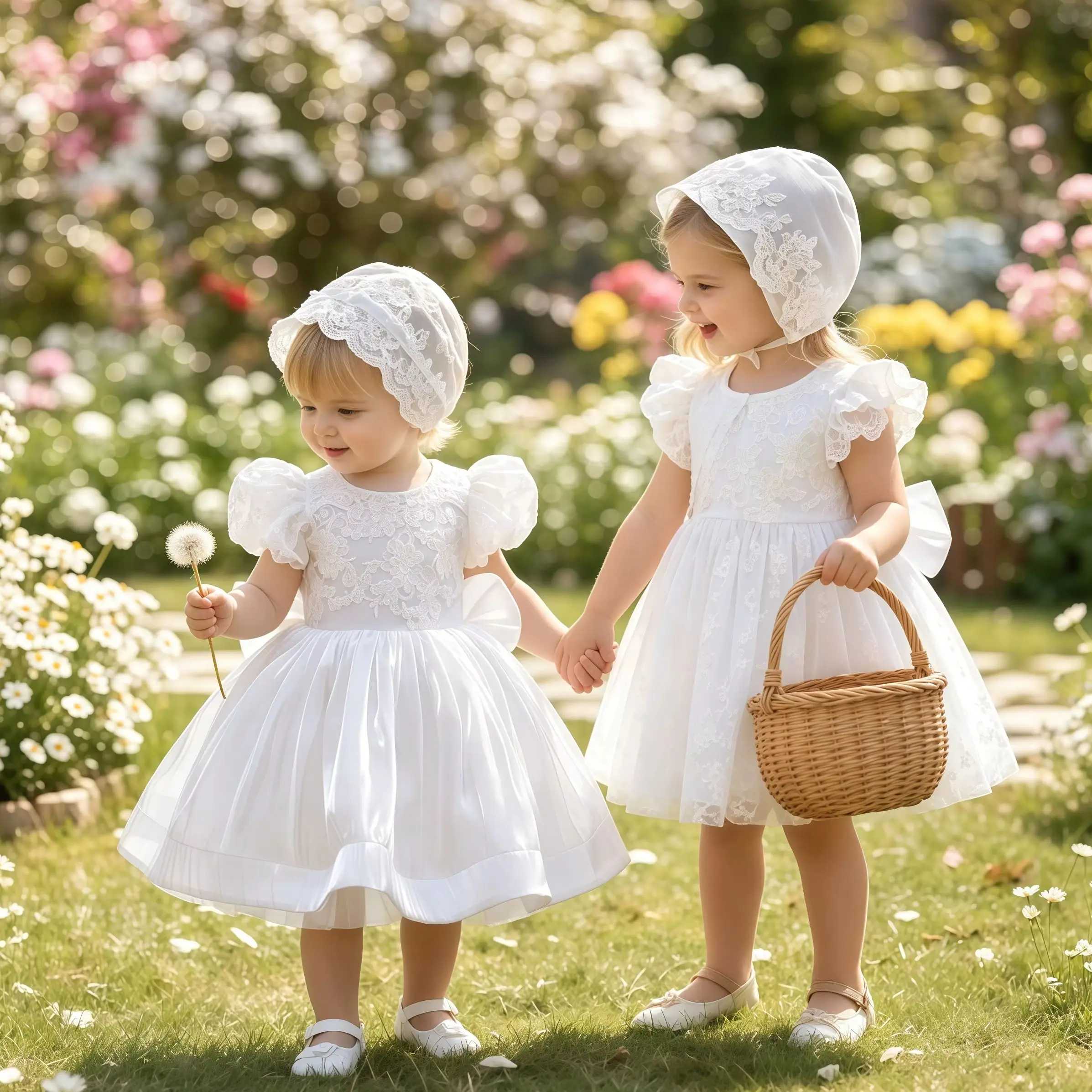 Baby Girls Flower White Dress Summer Tutu Tulle Princess Wedding 1 Years Birthday Party Dresses For Infant Newborns Baptism Gown