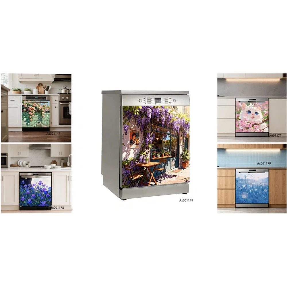 Warm Whimsical Town Florist Cat Wildflower Dishwasher Door Sticker Self Adhesive Cabinet Washer Wallpaper Decoration