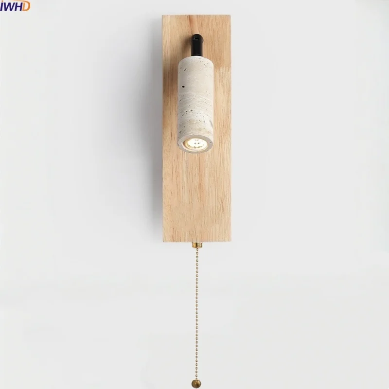 

IWHD Interior Design LED Wall Light Fixture Bedroom Pull Chain Switch Yellow Travertine Wood Wooden Bedside Lamp Lampara Pared