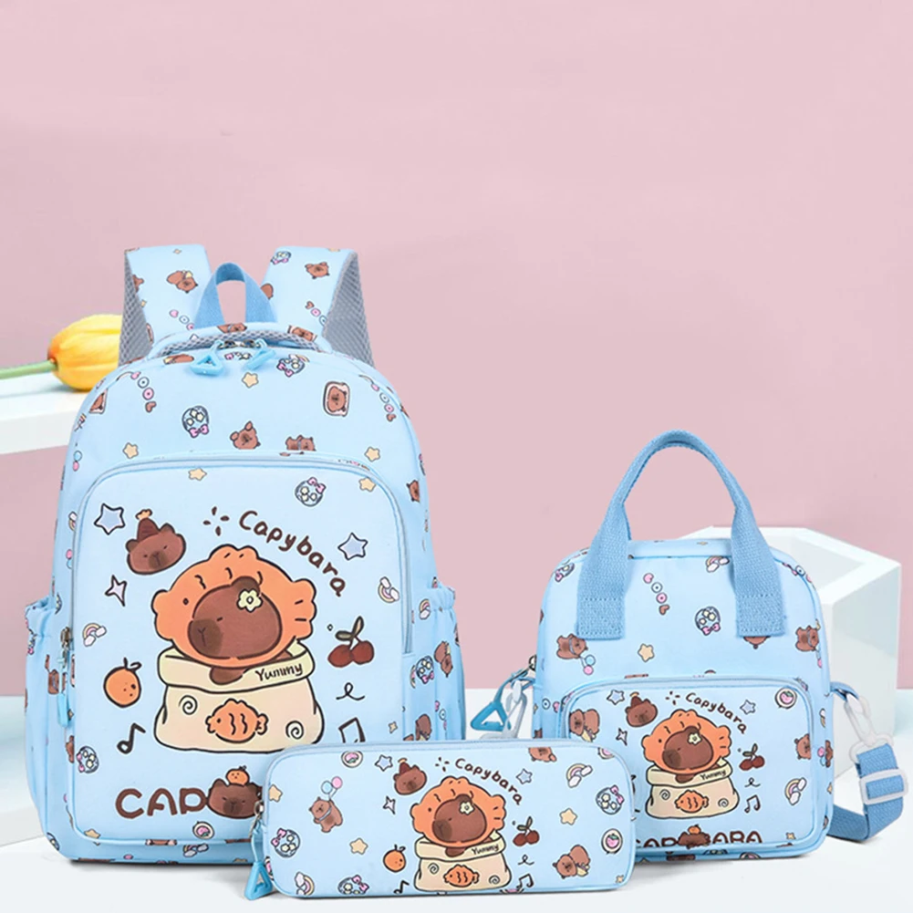 

3in1 School Backpack Set Nylon Cute Bookbag Going Out Cartoon Laptop Travel Bag Breathable Back Large Capacity Cute Capybara Bag