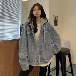 Vintage Denim Hooded Jackets Women Cost Single Breasted Pockets Loose Fit Outerwear Casual 2024 Autumn Overcoat Streetwear