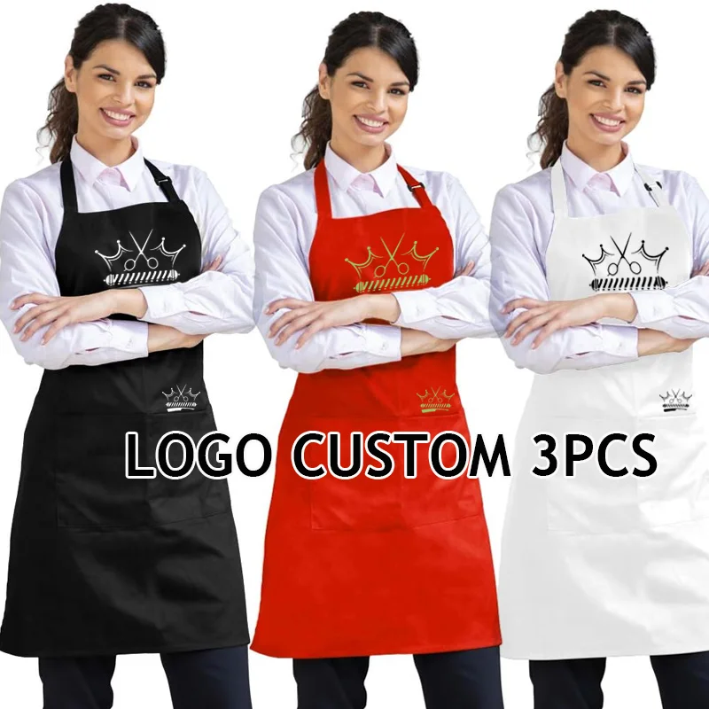 

Logo Customize Salon Baber Apron Chef Apron For Men Women Kitchen Cooking Apron With Pockets Adjustable Cape Bib Aprons 3pcs