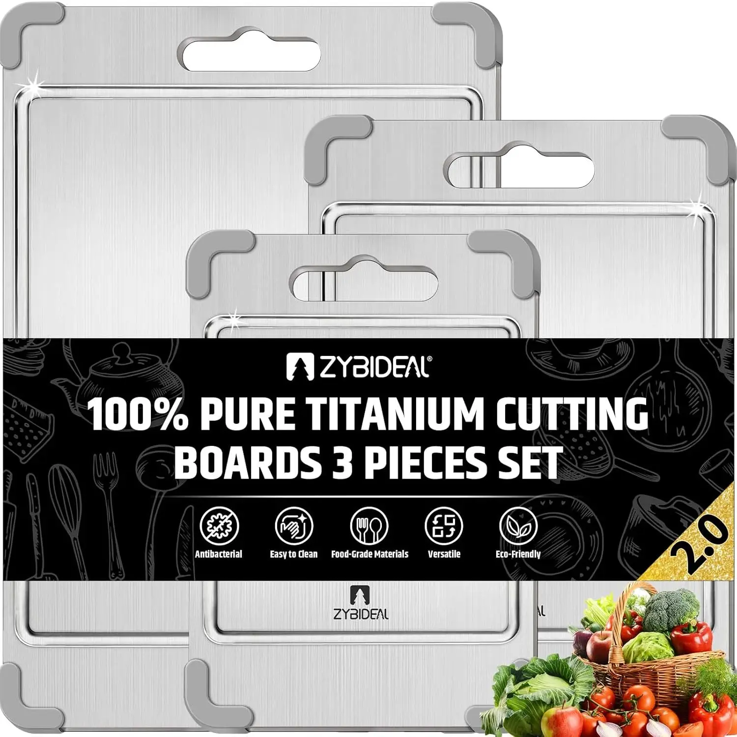 

3Pcs 100% Pure Titanium Cutting Board with Grooves, Update Double Side Titanium Chopping Board, Silicone Anti-slip Stain