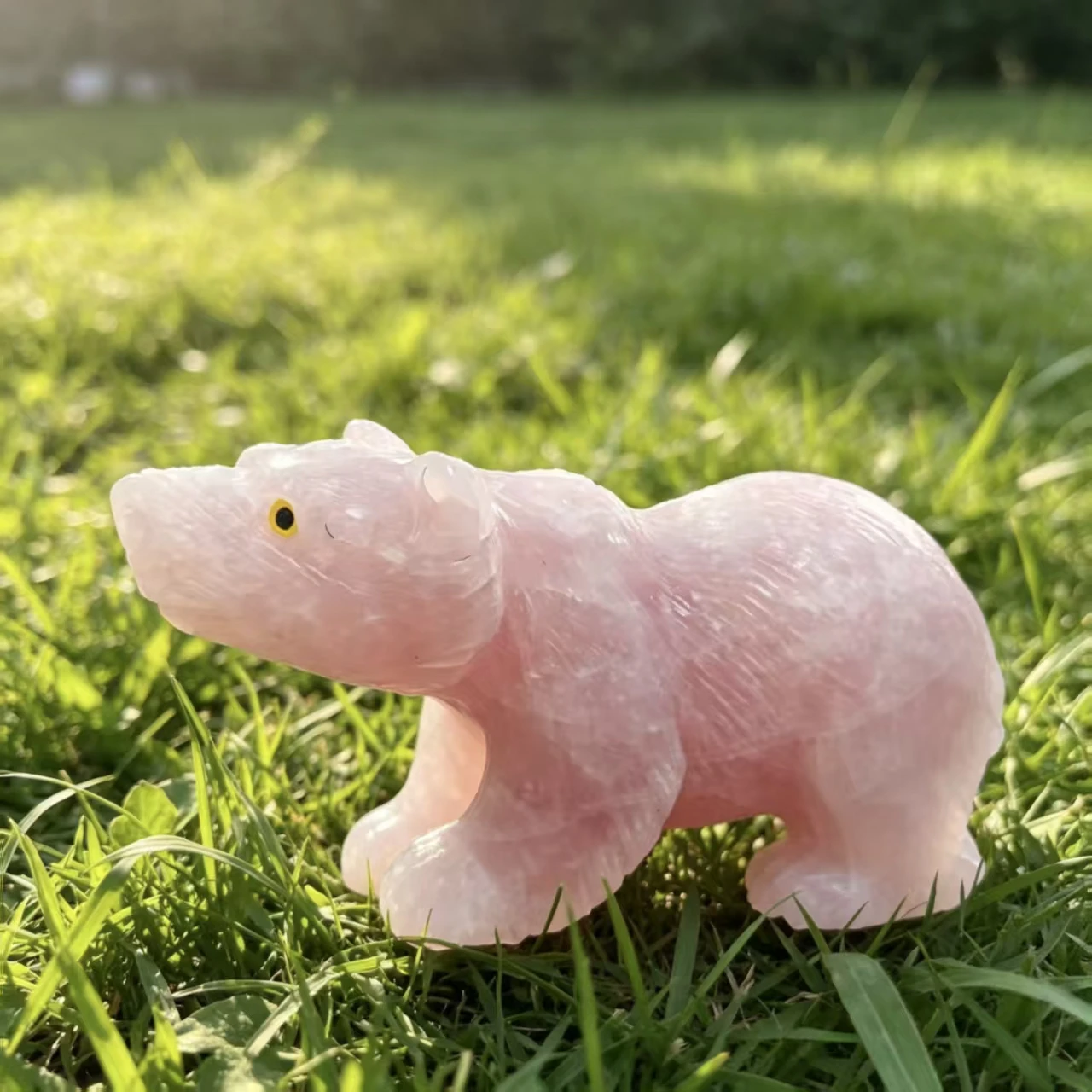 Natural Pink Crystal Polar Bear, Pink Quartz Crystal Hand-Carved Bear, Mineral Spiritual Healing