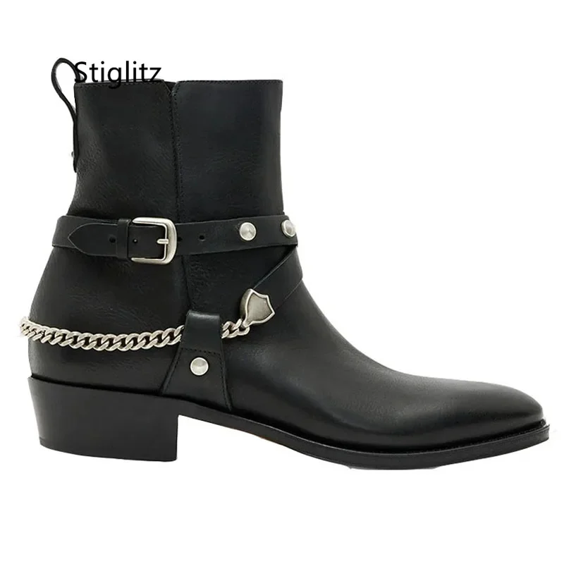 Metal Chain Buckle Strap Ankle Boots for Men Black Pointed Toe Zip Leather Men\'s Boots Stylish Med Heels Chelsea Boots Male Shoe