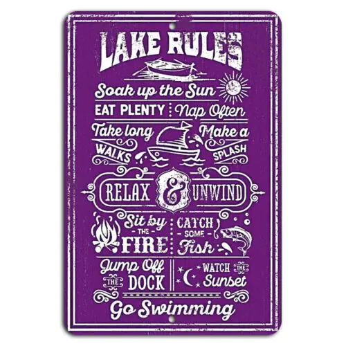 1p,Lake Rules: Soak Up the Sun, Relax and Unwind, Swim Purple Rustic Sign