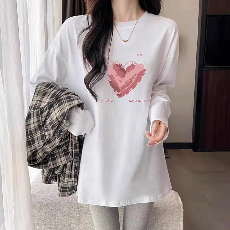 Autumn Chic Hand-Painted Love Print T-shirt Women Clothing Casual Loose O-neck Long Sleeve Pullover Office Lady Pure Cotton Tops