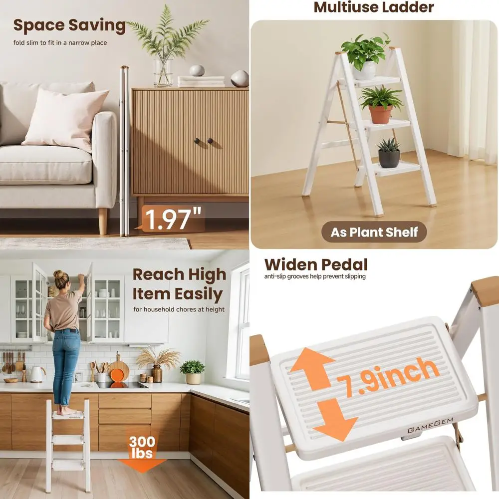 

3 Step Ladder, oldable Step Stool with Anti-Slip Pedal, Portable Iron Stepladder or Home and Kitchen, Easy to Store-Cream Chocal