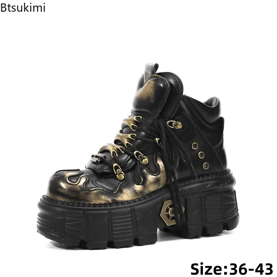 Unisex Retro Rubbed Color Metal Rivet Motorcycle Short Boots Street Thick Sole Punk Rock Lace-Up Ankle Boots Sports Casual Boots