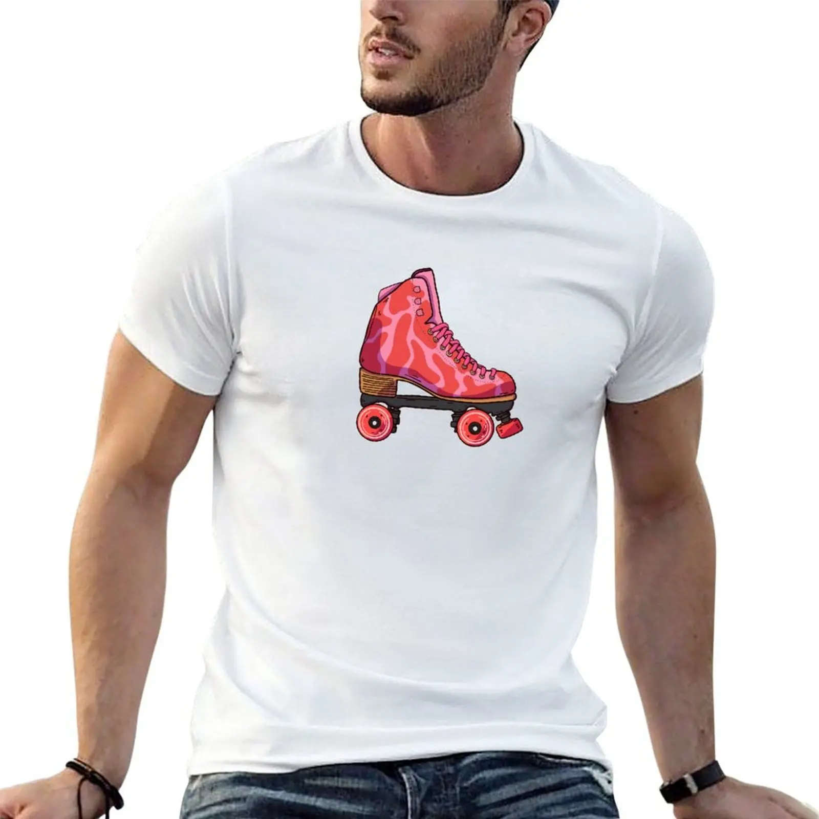 Pink and Red Strawberry Cow Print Pattern Roller Skate T-Shirt shirts graphic tees tshirts personalised compression shirt men