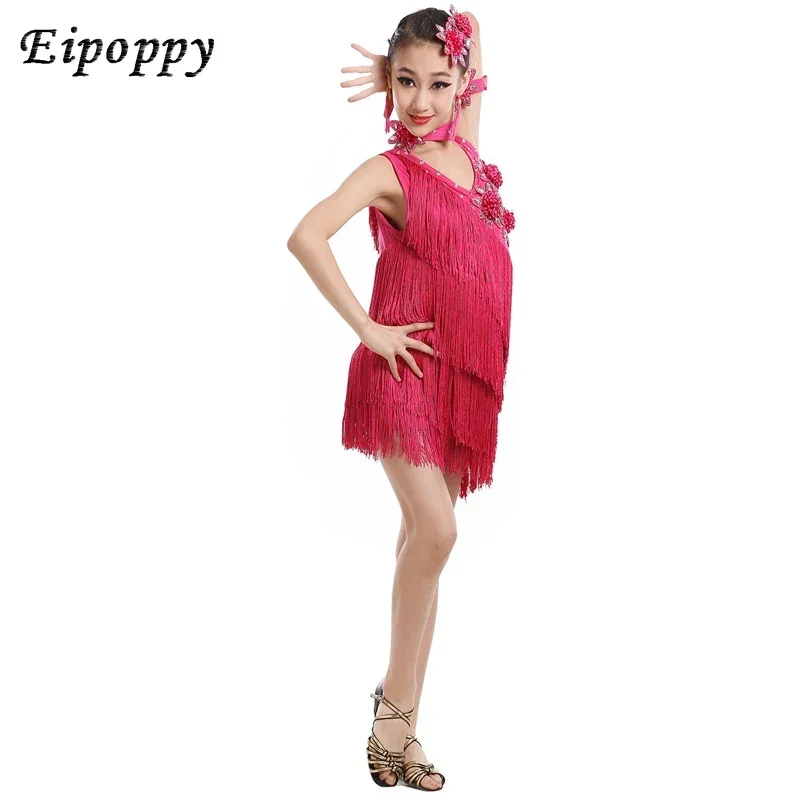 ชุดเต้นรำงานบอลรูมสำหรับเด็กผู้หญิงชุดเดรสสีแดงประดับพู่ซัลซ่า