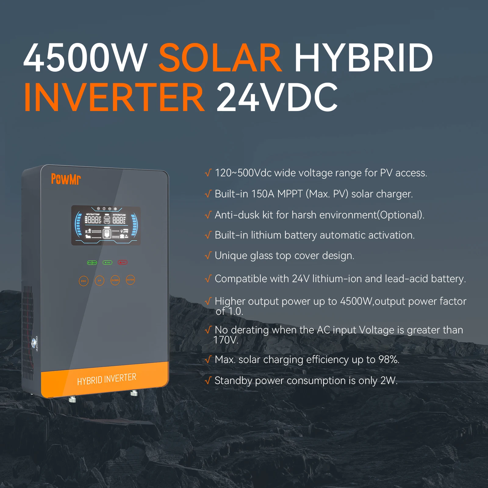 PowMr Nuovo prodotto 4.5KW 6.5KW Off-Grid Inverter solare MPPT Onda sinusoidale pura Inverter solare 220V Inverter solare ibrido