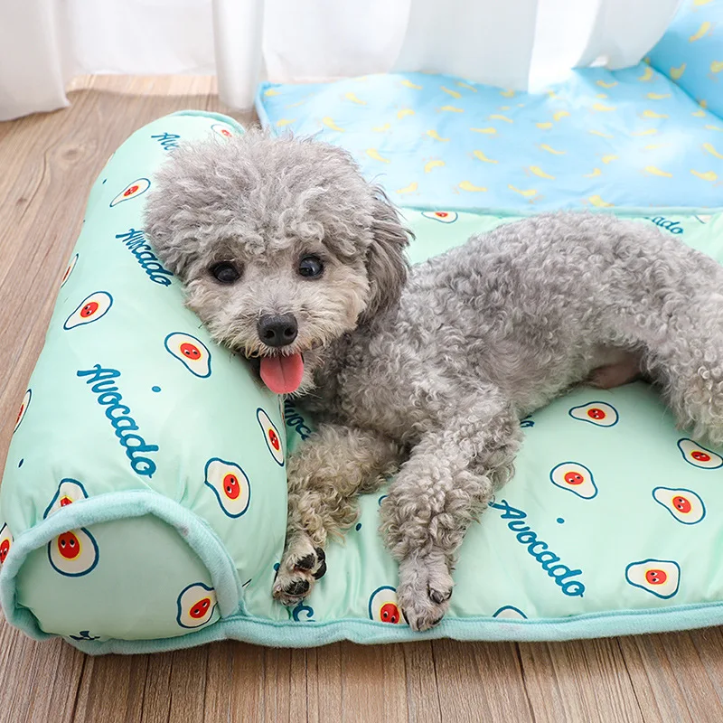 Summer Cooling Dog Bed Comfortable Cushion Anti Slip Dog Sleeping Mat Kitten Puppy Pad Cute Cartoon Pattern Pet Sofa with Pillow