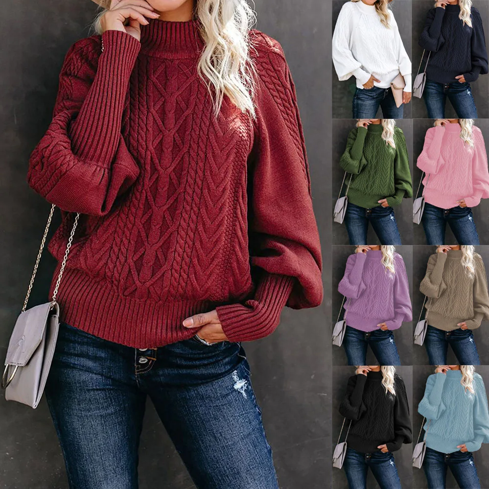 wish2025 neuer Winter-Pullover mit mittlerem Ausschnitt für Damen, langärmeliger, gestrickter, einfarbiger Pullover aus Kiefernholz