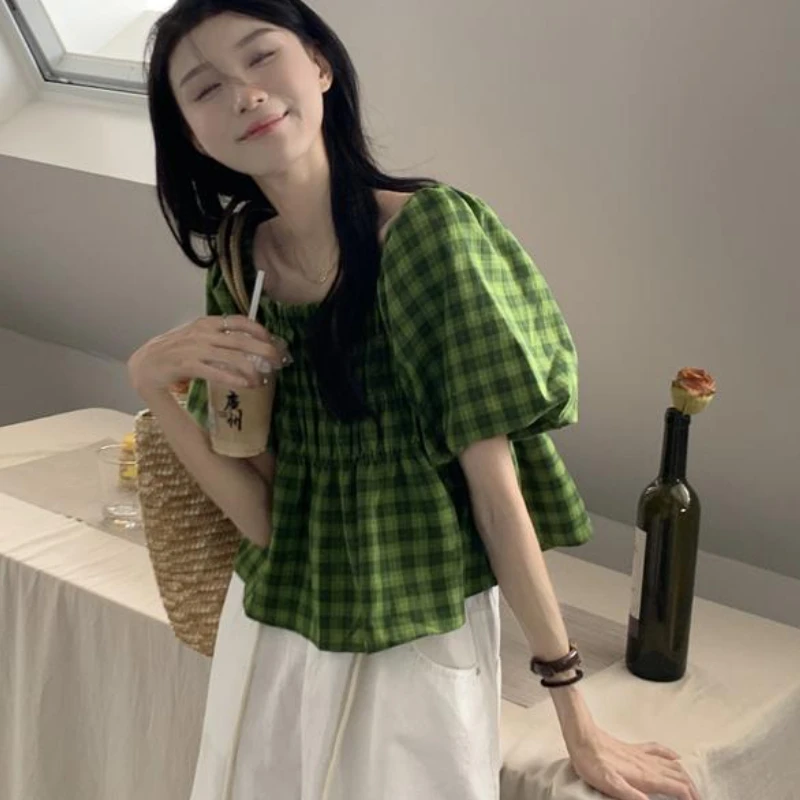 Green Plaid Blouses Women Puff Sleeve Sweet Loose Vintage Summer New Folds Korean Style Female Temperament Casual Aesthetic Ins - Image 6