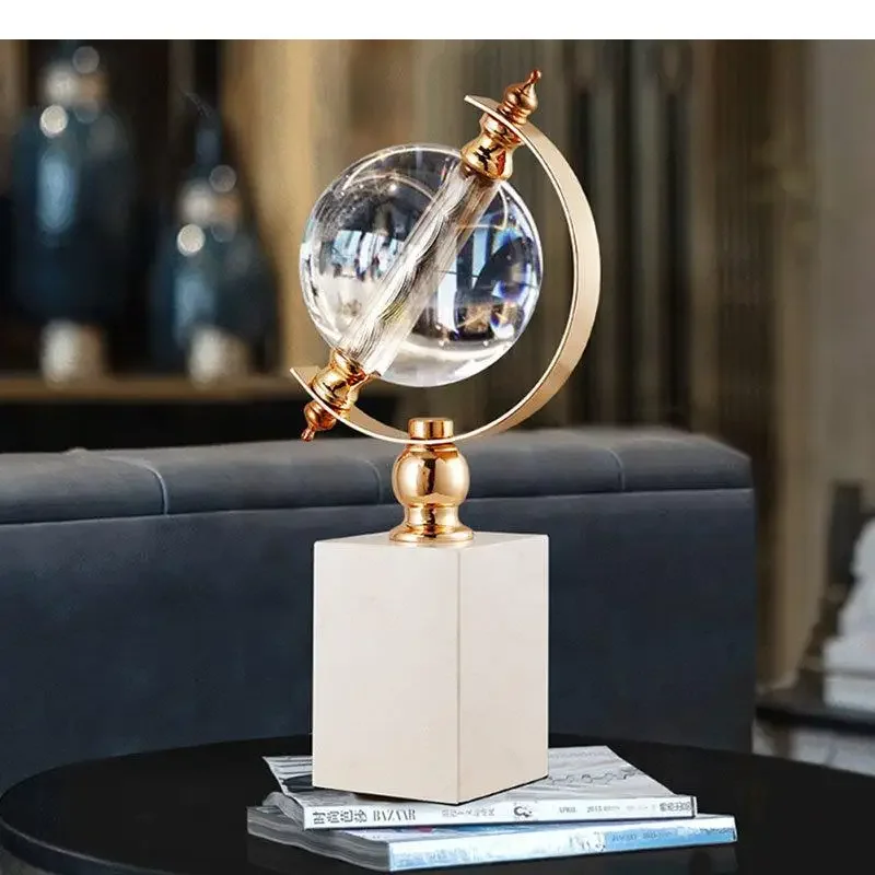 Gold-plated Globe Shape Crystal Ball Statue Marble Base Crafts Sculpture Desk Decoration Ornaments Room Aesthetics Decor Artwork