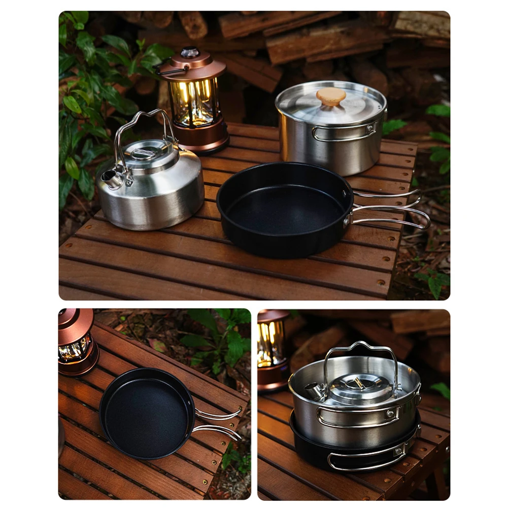 

Stainless Steel Camping Cookware Mess Kit Portable Lightweight Picnic Tool For Outdoor Cooking