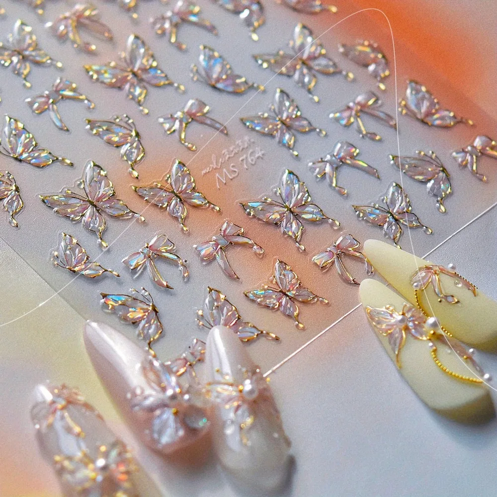 2 Stück exquisite, glitzernde Schmetterlings-Nagelkunst-Aufkleber aus dünnem Hartplastik für langanhaltende Maniküre, schillernde DIY-Dekoration
