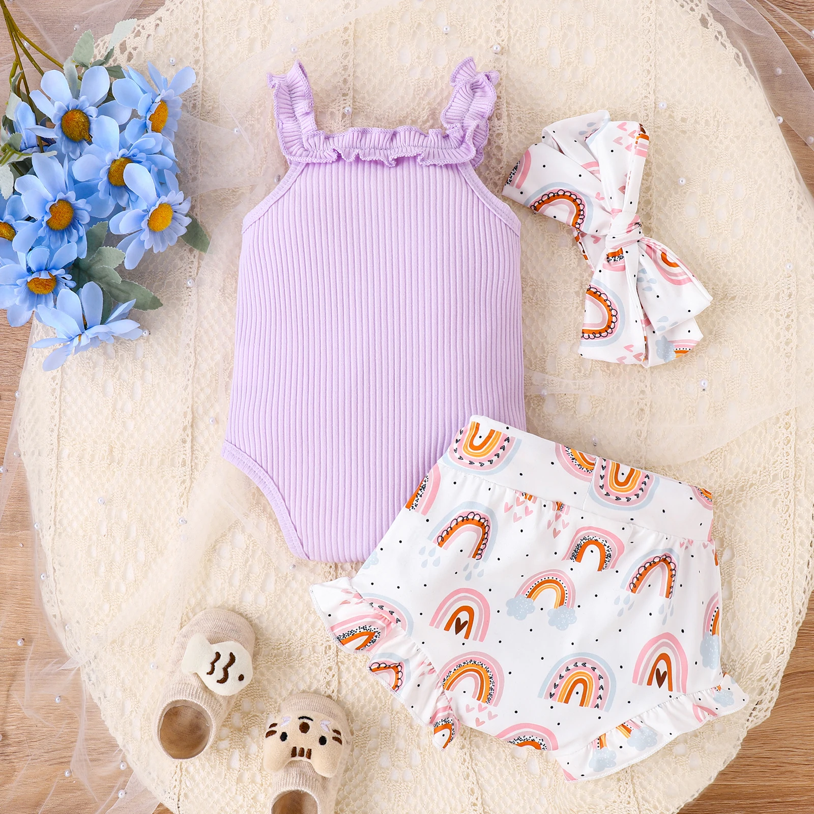 3PCS Summer 0-2 Year Old Baby Girl Baby Soft Comfortable Fresh Casual Purple Halter Dress + Rainbow Printed Shorts