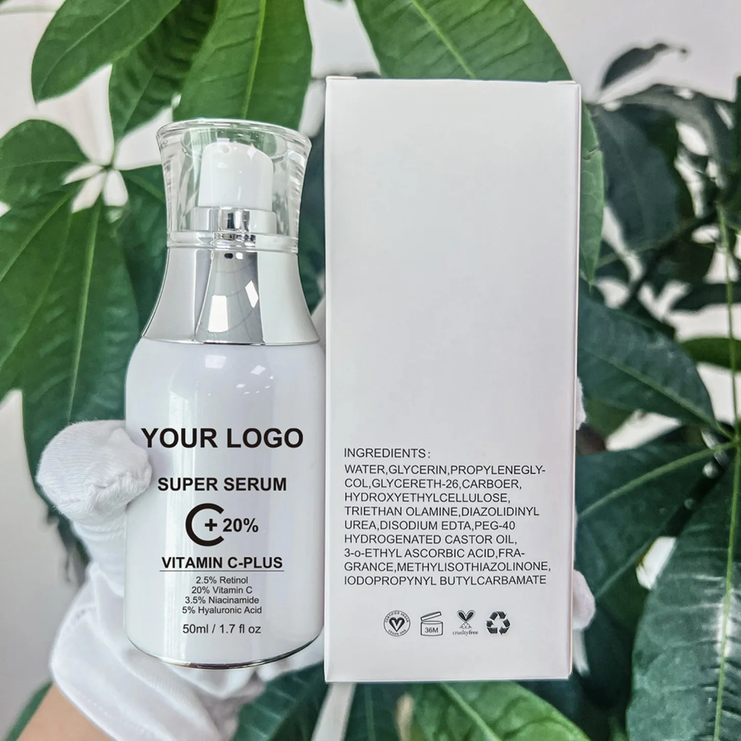 Logotipo personalizado de marca privada, suero vegano de vitamina C de 50ml, esencia VC, maquillaje iluminador al por mayor, suero facial que elimina las manchas oscuras