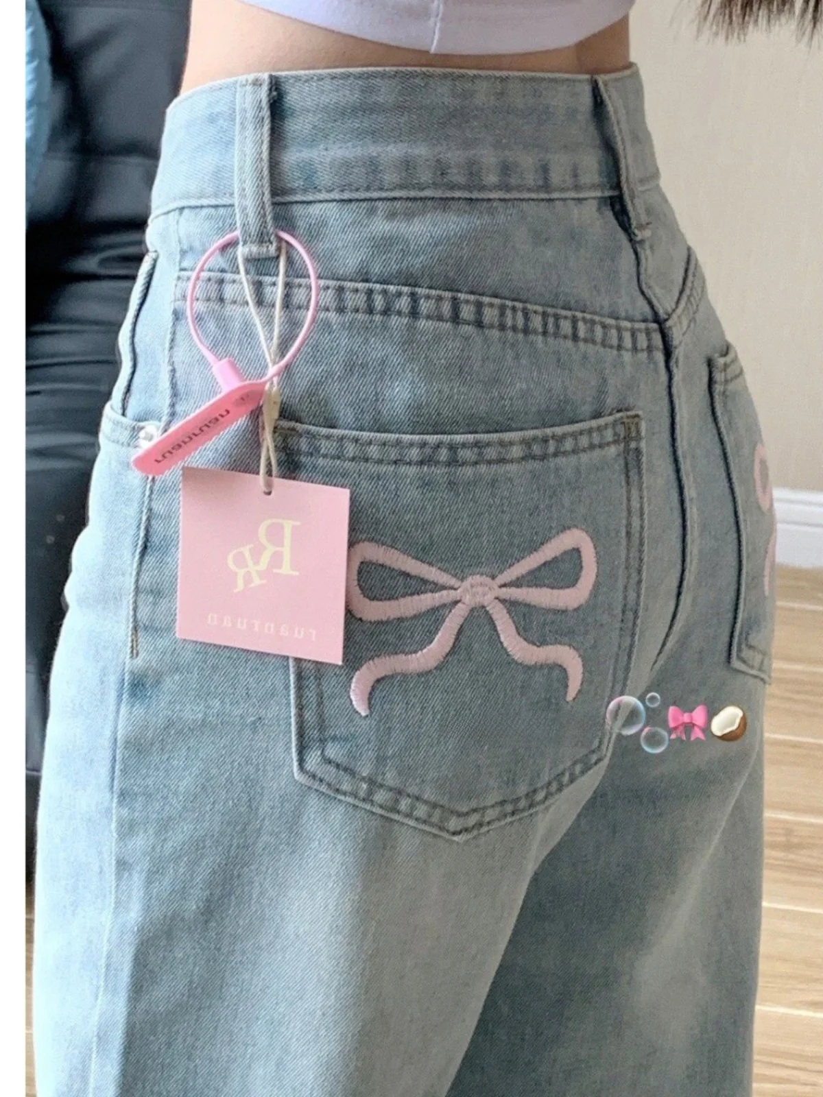 

Светло-голубые джинсы с эффектом потертости, вышивкой узлами, высокой талией и широкими штанинами, женские, весна-лето, американский стиль, свободный крой, Desi...