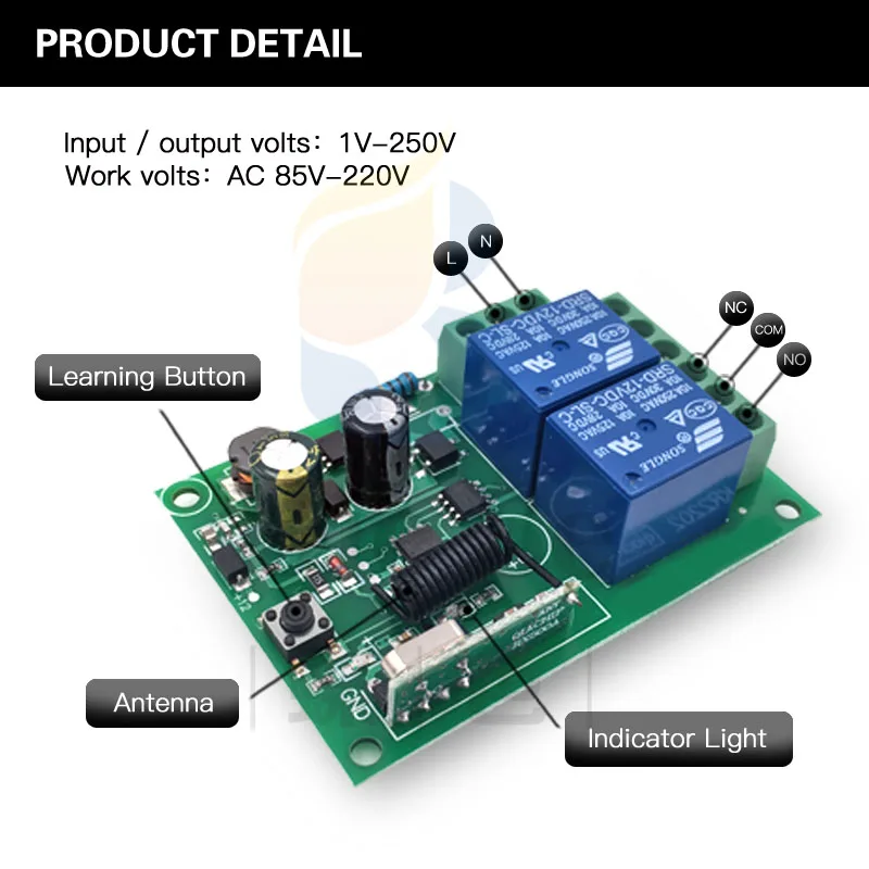 433MHz Universal Wireless Remote Control AC220V 2CH rf Relay Receiver and Transmitter for Universal Garage door and gate Control