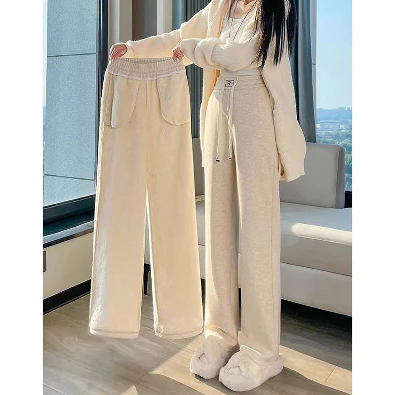 Winter Girls Snow Warm Narrow Straight Leg Pants Female High Waist Plush Trousers Women Korean Solid Fleece Thermal Pants