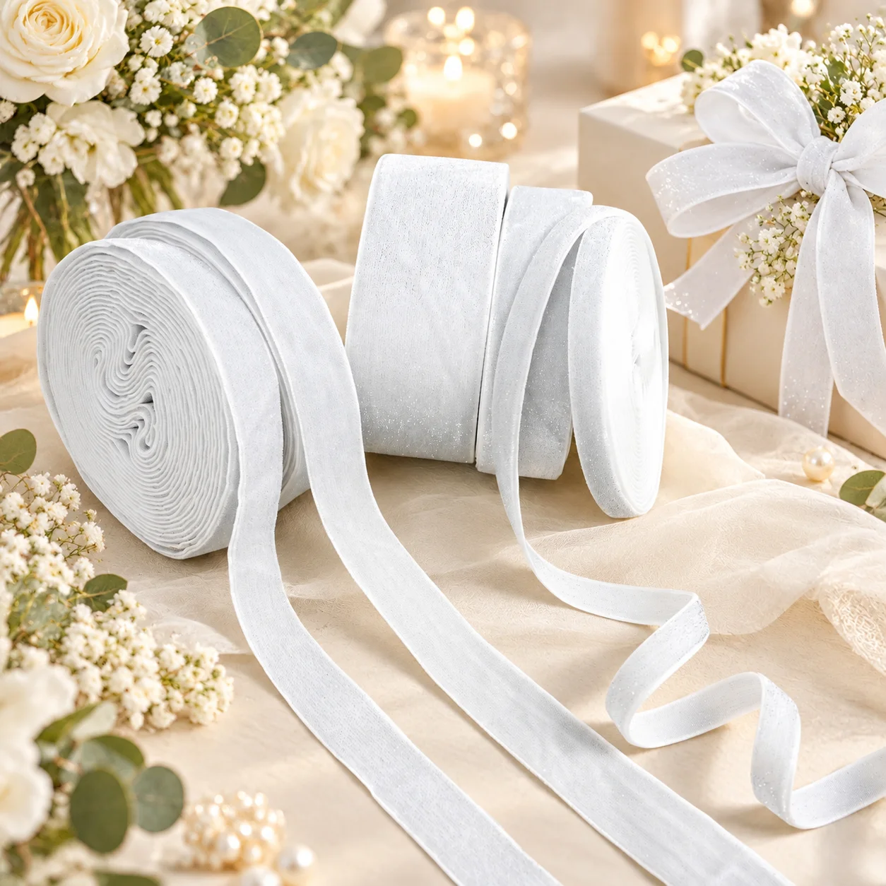 White Velvet Ribbon for Wedding Christmas Gift Wrapping, Luxury Flocked Ribbon for Baptism Floral DIY Hair Bow Decor