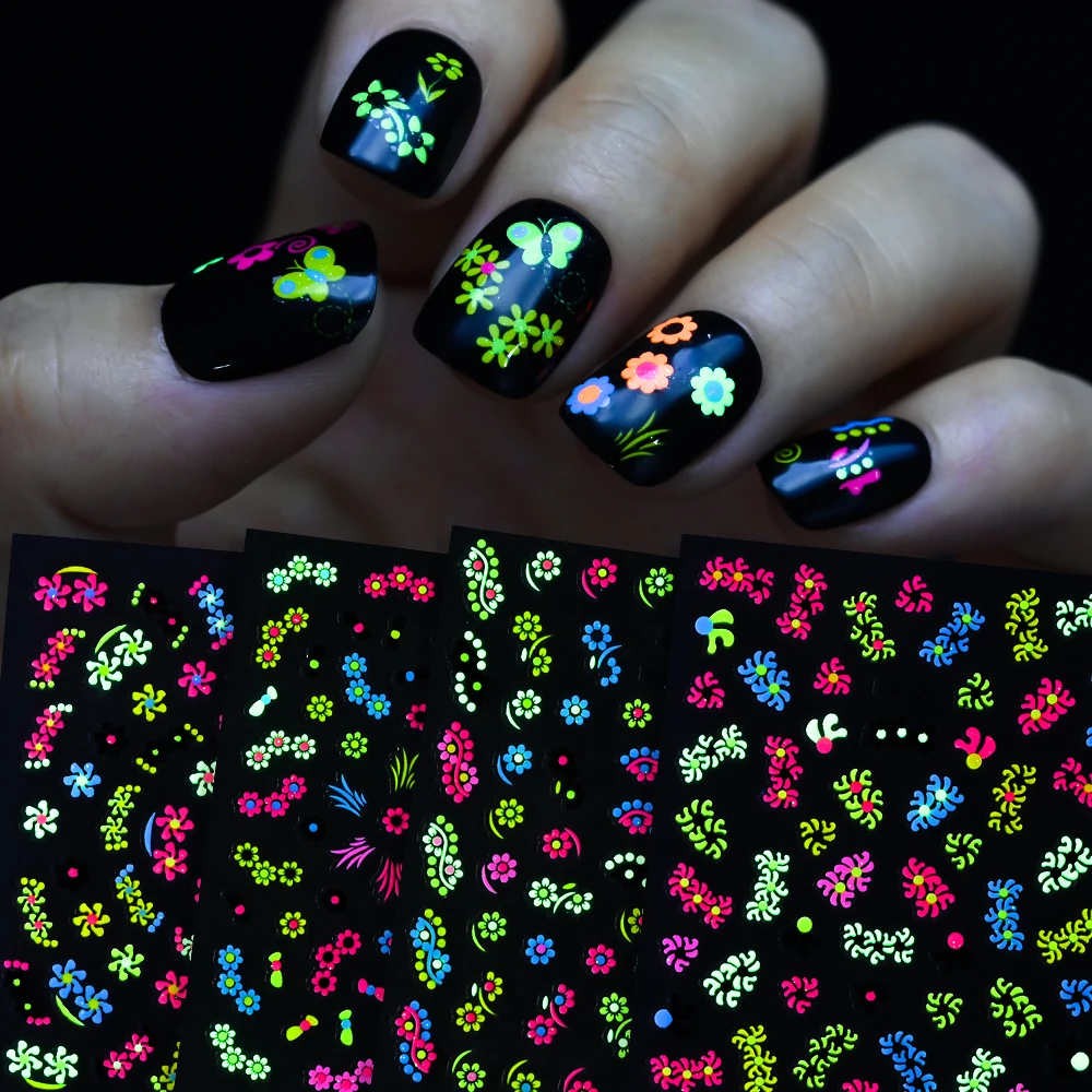 24Pcs/set 3D Luminous Flowers Butterfly Nail Stickers Fluorescent Floral Petals Leaf Star Decals Glow in The Dark Slider