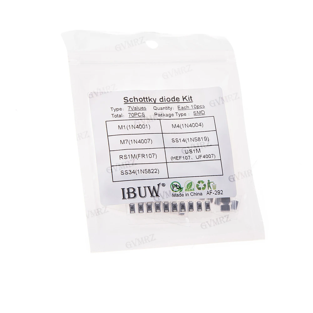 70PCS 7Values SMD Schottky Diode Kit M1 M4 US1M SS34 for Electronic Rectification Projects M7 SS14 RS1M