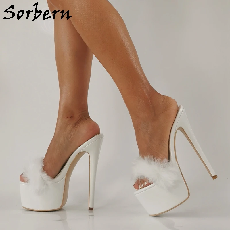 

Sorbern White Patent Women Slippers Ostrich One-Strap Classical Platform High Heel Slides Outdoor Female Slip On Summer Shoes