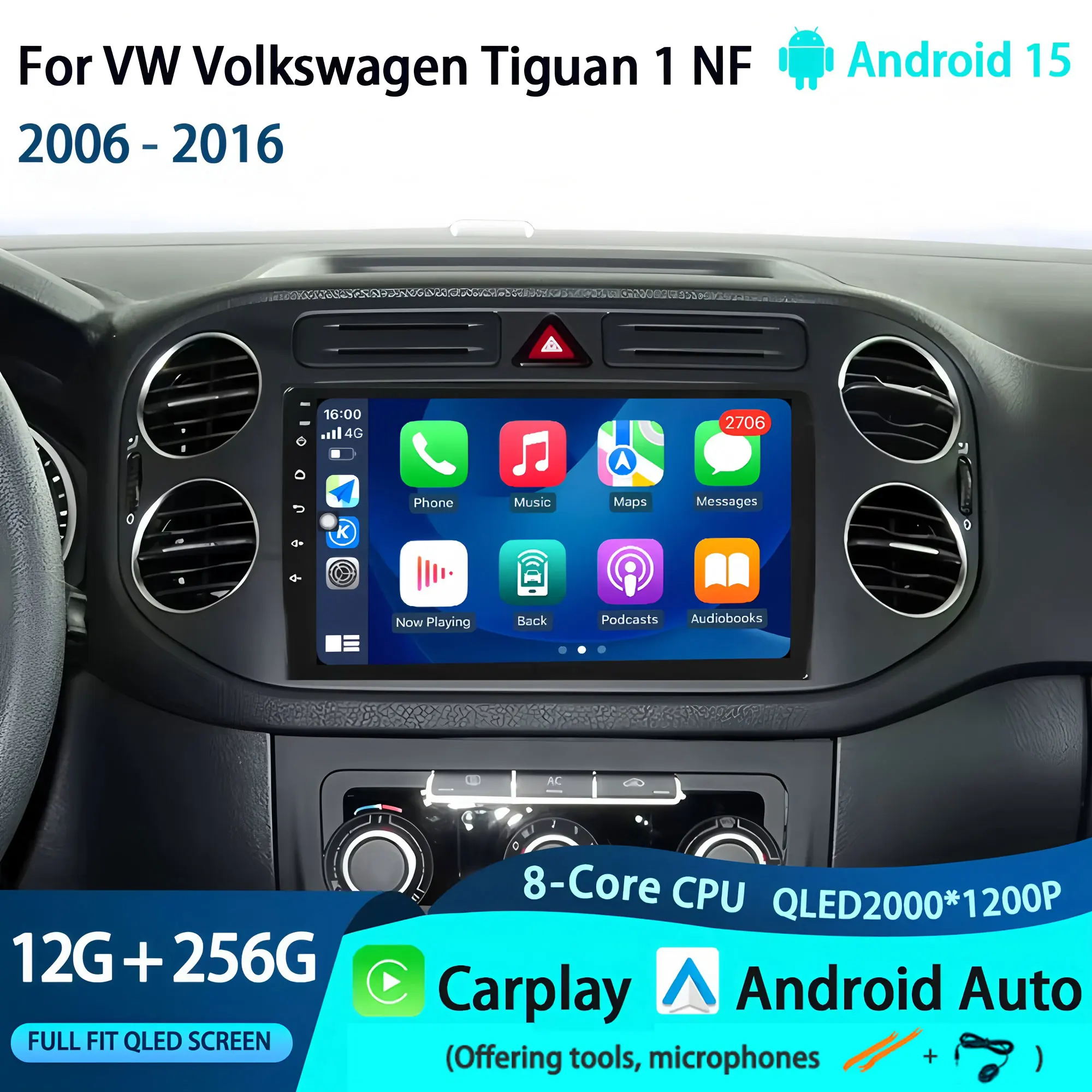 أندرويد 15 Carplay Auto لشركة فولكس فاجن فولكس فاجن تيجوان 1 NF 2006 - 2016 راديو السيارة مشغل وسائط متعددة فيديو ستيريو WIFI + 4G BT no 2DIN