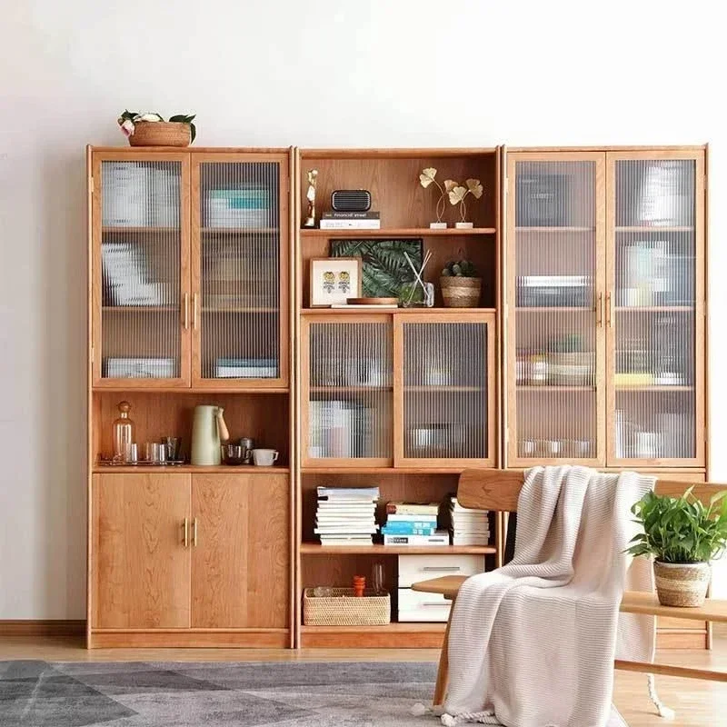 Simple solid wood free combination bookcase, Nordic modern cherry wood bookshelf floor display cabinet